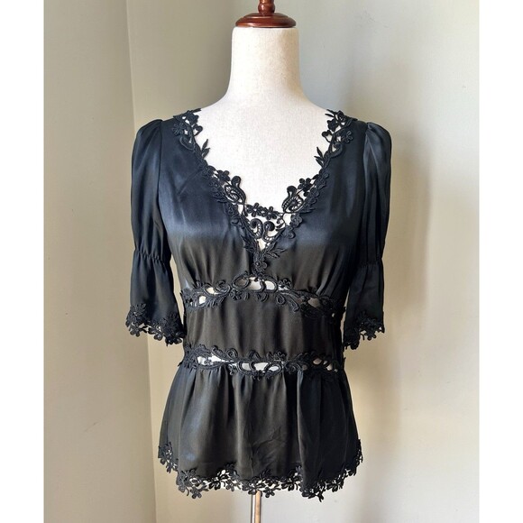 Laundry By Shelli Segal Tops - Y2k Laundry Shelli Segal BLACK 100% Silk Blouse Floral Lace Romantic Side Zip S